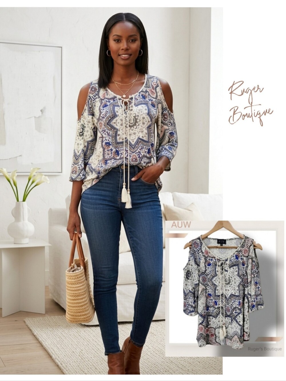 🌿AUW Womens Small Drop Sleeve Multi Print Top with Tassel Ties